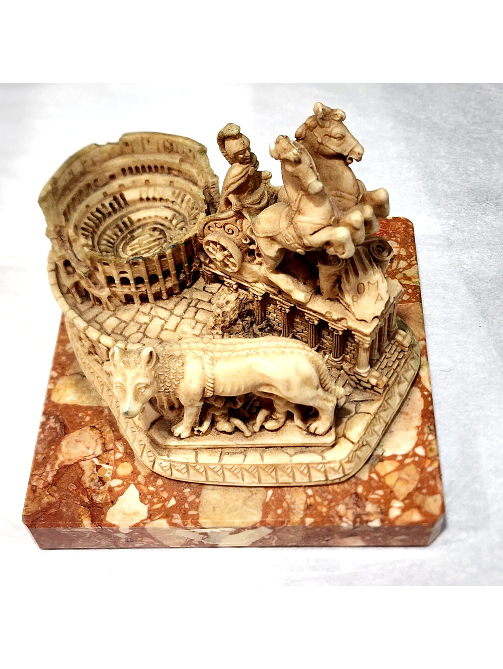 Vintage Italy Roman Colosseum Chariot Figurine by Gino Ruggeri Heavy Marble Base